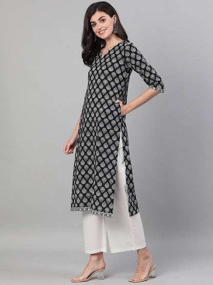 Women Black Three-Quarter Sleeves Straight Kurta With Palazzo And Pockets And Face Mask | LASVINI - Redefining Indian Fashion with Elegance