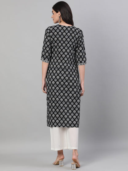 Women Black Three-Quarter Sleeves Straight Kurta With Palazzo And Pockets And Face Mask | LASVINI - Redefining Indian Fashion with Elegance