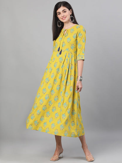Women Green Printed Round Neck Viscose Rayon Fit And Flare Dress With Pockets | LASVINI - Redefining Indian Fashion with Elegance