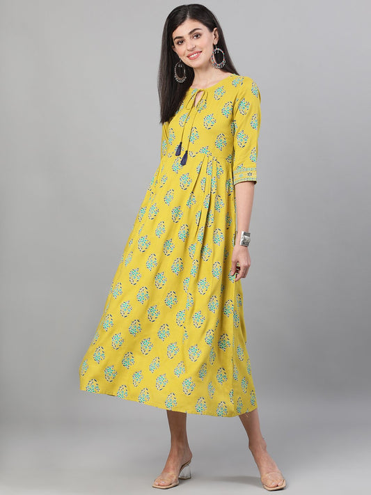 Women Green Printed Round Neck Viscose Rayon Fit And Flare Dress With Pockets | LASVINI - Redefining Indian Fashion with Elegance