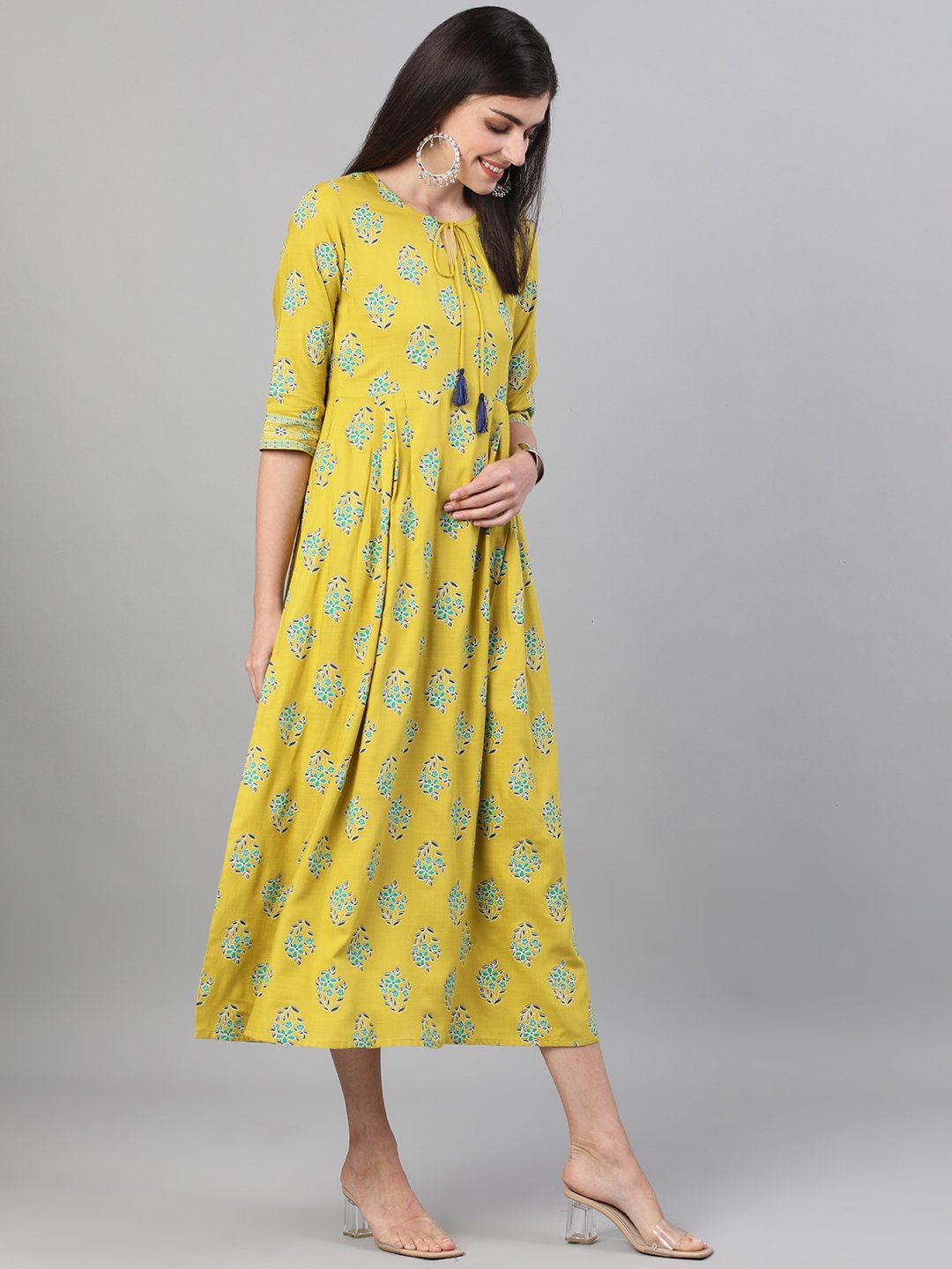 Women Green Printed Round Neck Viscose Rayon Fit And Flare Dress With Pockets | LASVINI - Redefining Indian Fashion with Elegance