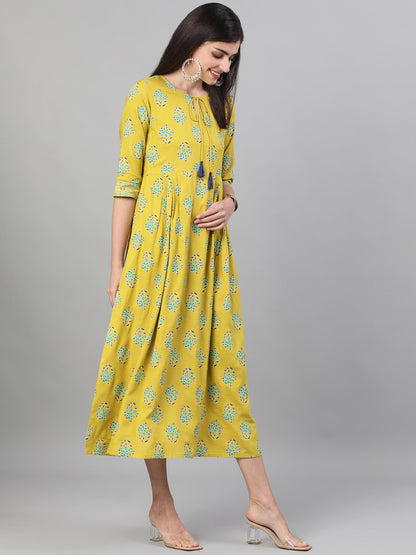 Women Green Printed Round Neck Viscose Rayon Fit And Flare Dress With Pockets | LASVINI - Redefining Indian Fashion with Elegance