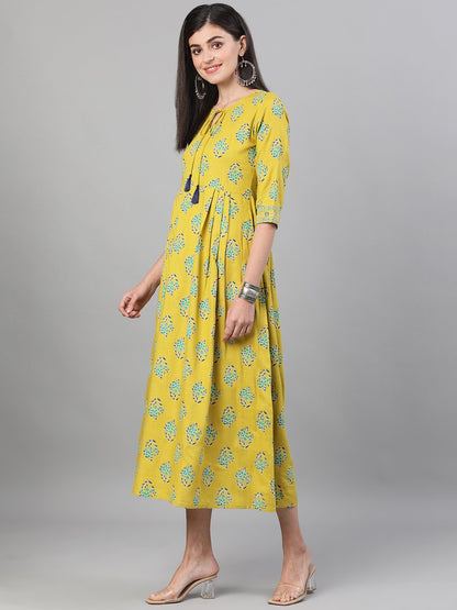 Women Green Printed Round Neck Viscose Rayon Fit And Flare Dress With Pockets | LASVINI - Redefining Indian Fashion with Elegance