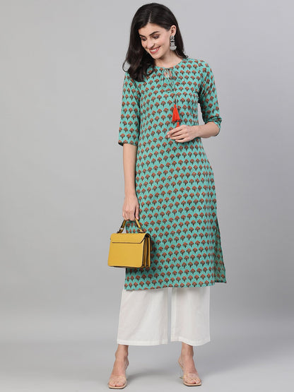 Women Green Calf Length Three-Quarter Sleeves Straight Floral Printed Cotton Kurta With Pockets | LASVINI - Redefining Indian Fashion with Elegance
