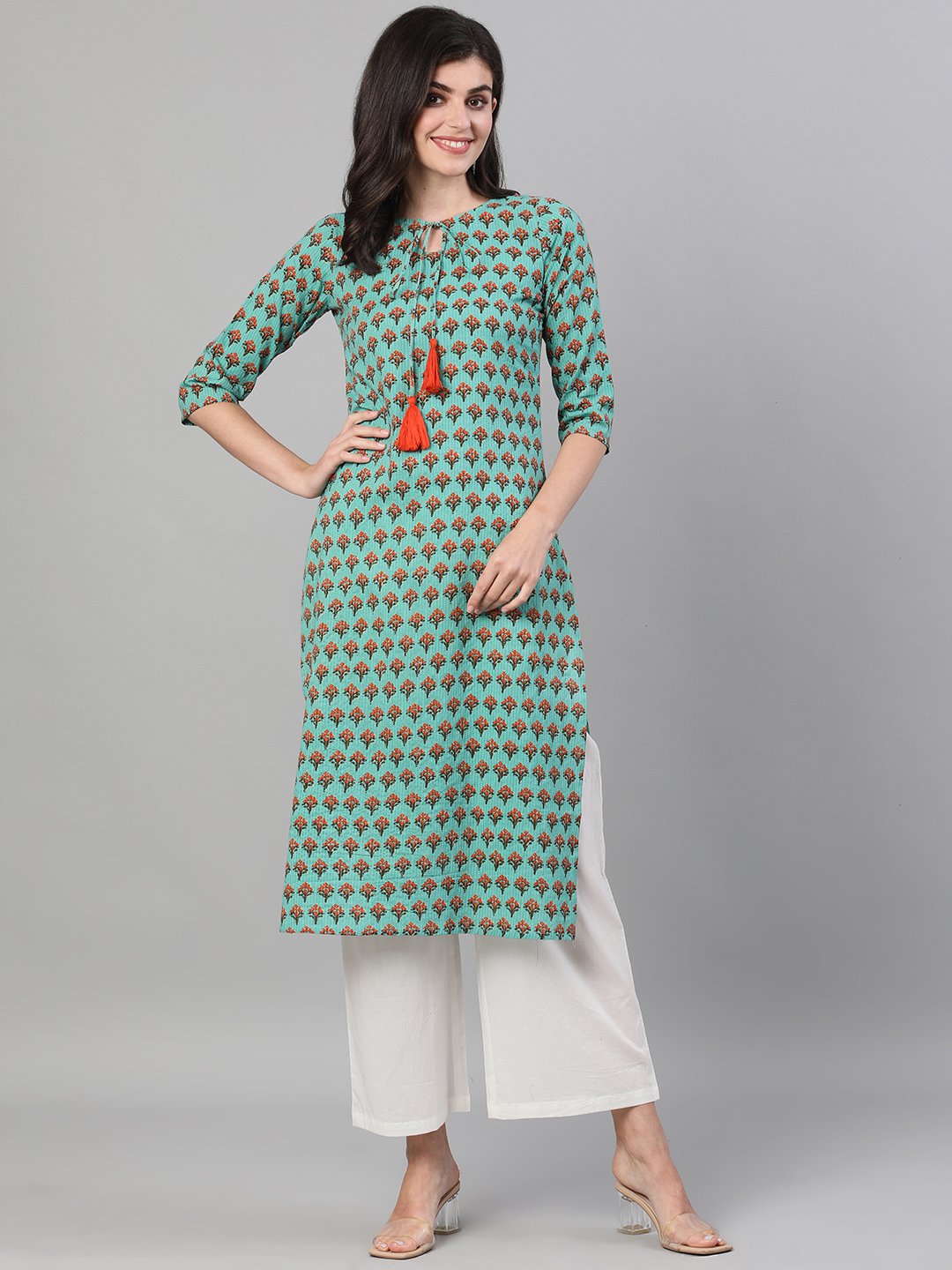 Women Green Three-Quarter Sleeves Straight Kurta With Palazzo With Pockets | LASVINI - Redefining Indian Fashion with Elegance