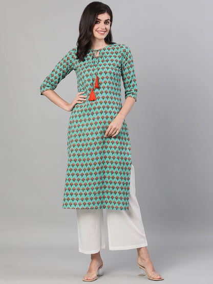 Women Green Three-Quarter Sleeves Straight Kurta With Palazzo With Pockets | LASVINI - Redefining Indian Fashion with Elegance
