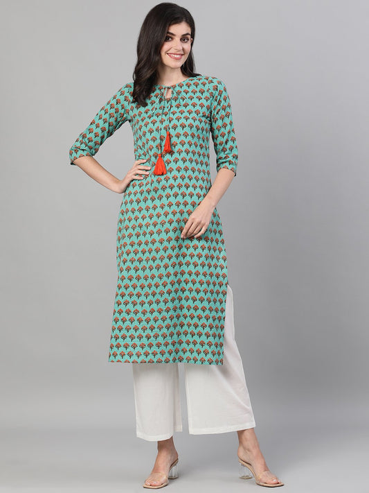 Women Green Three-Quarter Sleeves Straight Kurta With Palazzo With Pockets | LASVINI - Redefining Indian Fashion with Elegance