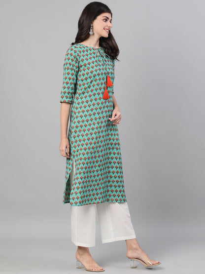 Women Green Three-Quarter Sleeves Straight Kurta With Palazzo With Pockets | LASVINI - Redefining Indian Fashion with Elegance