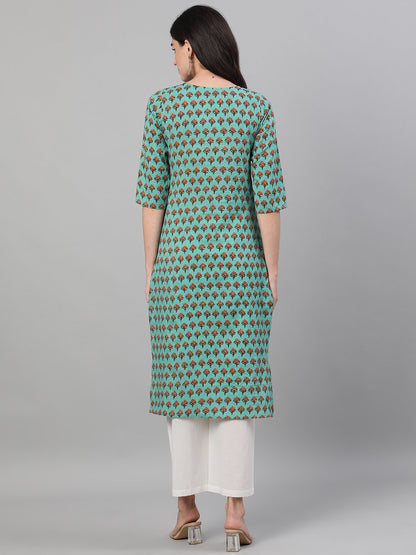 Women Green Three-Quarter Sleeves Straight Kurta With Palazzo With Pockets | LASVINI - Redefining Indian Fashion with Elegance