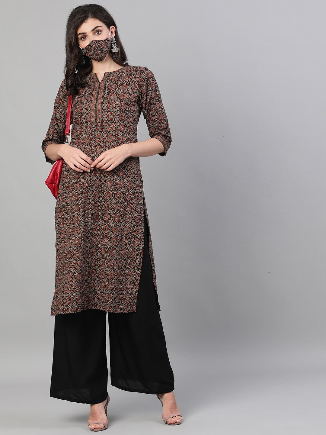 Women Brown Calf Length Three-Quarter Sleeves Straight Ethnic Motif Printed Cotton Kurta With Pockets And Face Mask | LASVINI - Redefining Indian Fashion with Elegance