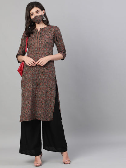 Women Brown Calf Length Three-Quarter Sleeves Straight Ethnic Motif Printed Cotton Kurta With Pockets And Face Mask | LASVINI - Redefining Indian Fashion with Elegance
