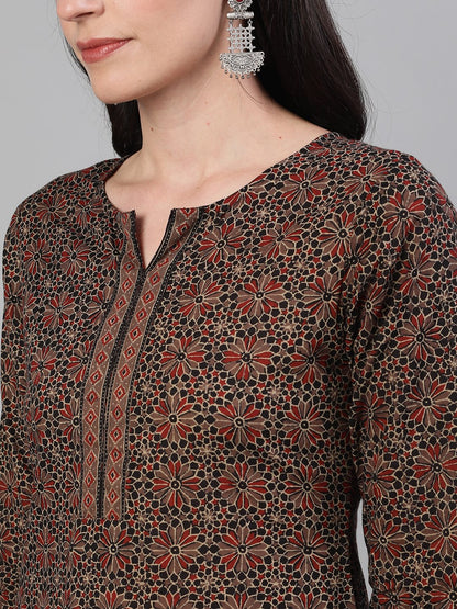 Women Brown Calf Length Three-Quarter Sleeves Straight Ethnic Motif Printed Cotton Kurta With Pockets And Face Mask | LASVINI - Redefining Indian Fashion with Elegance