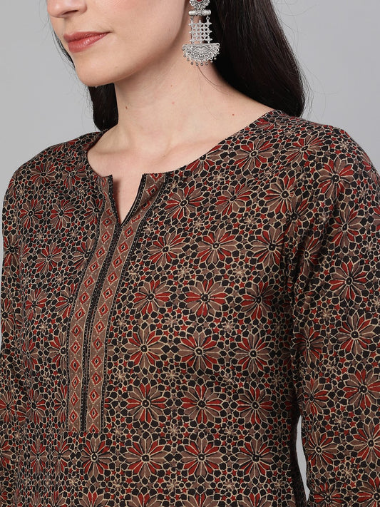 Women Brown Calf Length Three-Quarter Sleeves Straight Ethnic Motif Printed Cotton Kurta With Pockets And Face Mask | LASVINI - Redefining Indian Fashion with Elegance