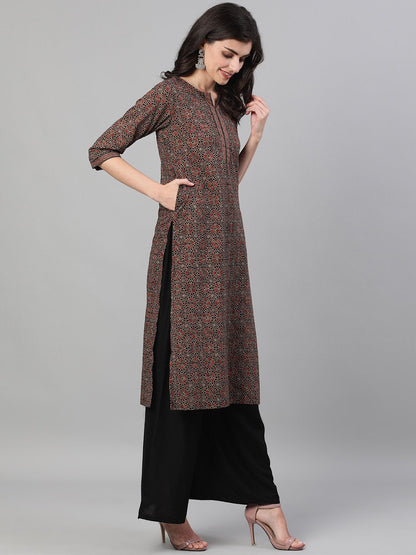 Women Brown Calf Length Three-Quarter Sleeves Straight Ethnic Motif Printed Cotton Kurta With Pockets And Face Mask | LASVINI - Redefining Indian Fashion with Elegance