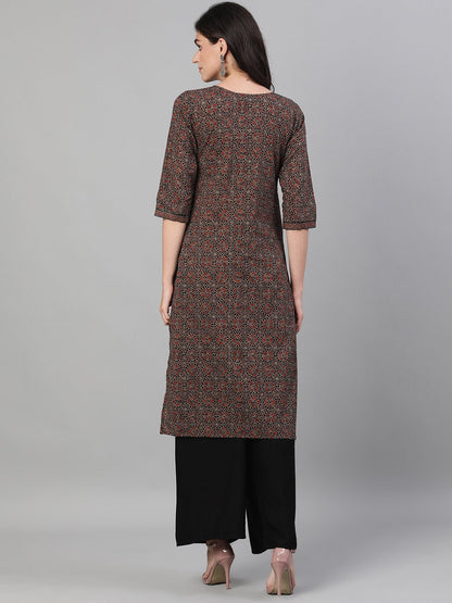 Women Brown Calf Length Three-Quarter Sleeves Straight Ethnic Motif Printed Cotton Kurta With Pockets And Face Mask | LASVINI - Redefining Indian Fashion with Elegance