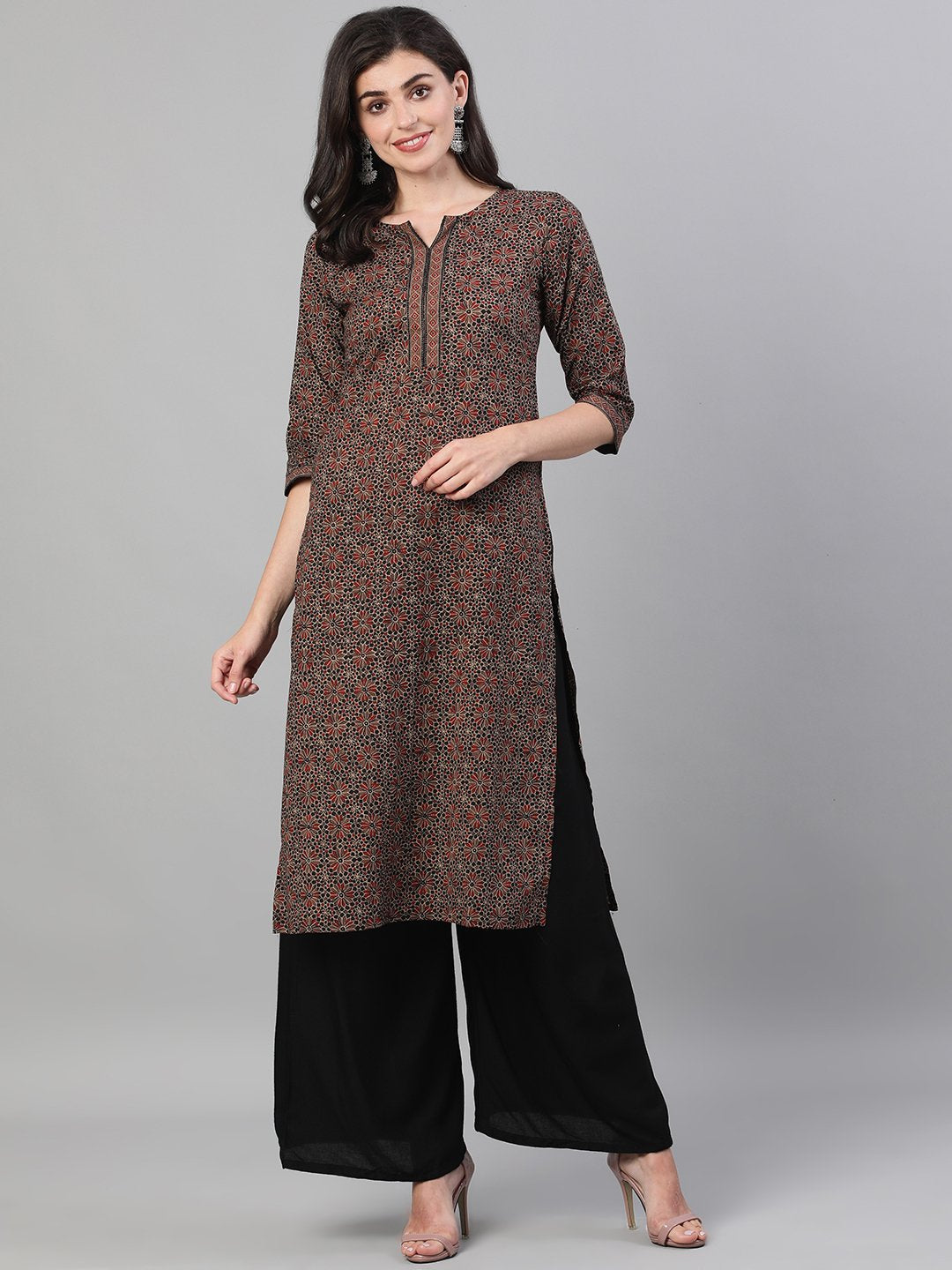 Women Brown Calf Length Three-Quarter Sleeves Straight Ethnic Motif Printed Cotton Kurta With Pockets And Face Mask | LASVINI - Redefining Indian Fashion with Elegance