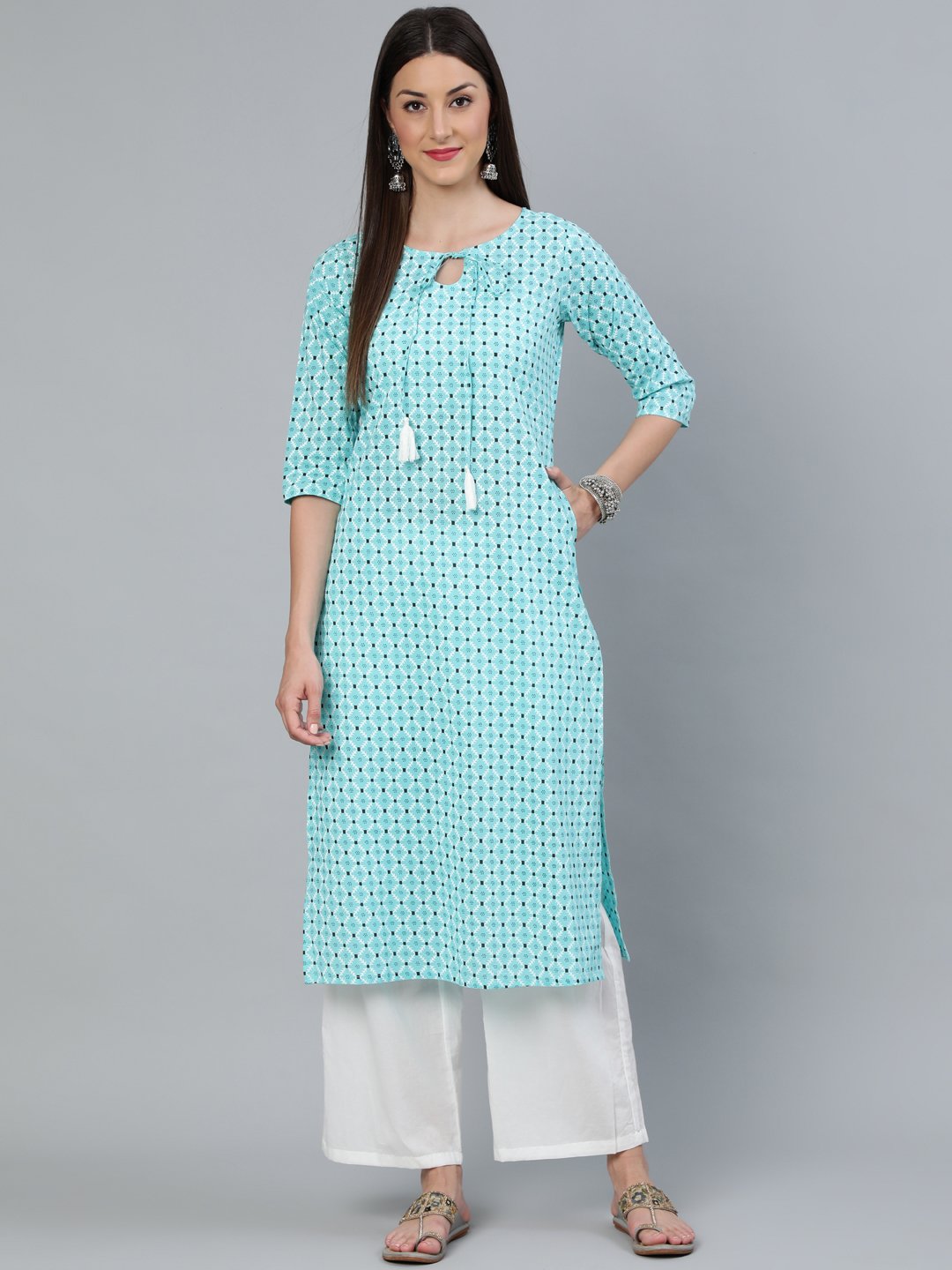 Women Aqua Blue Geometric Printed Straight Kurta With Three Quarters Sleeves | LASVINI - Redefining Indian Fashion with Elegance