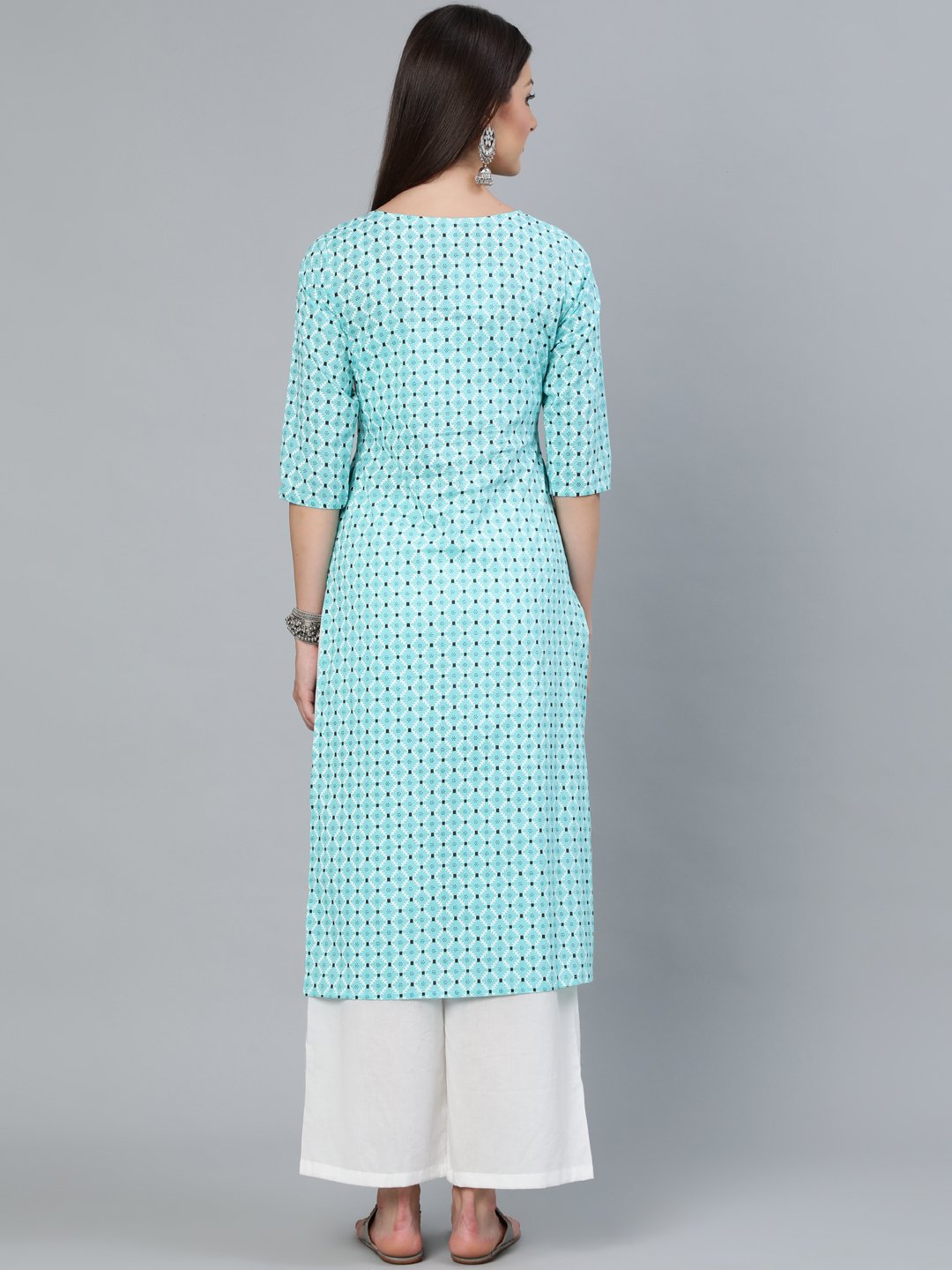 Women Aqua Blue Geometric Printed Straight Kurta With Three Quarters Sleeves | LASVINI - Redefining Indian Fashion with Elegance