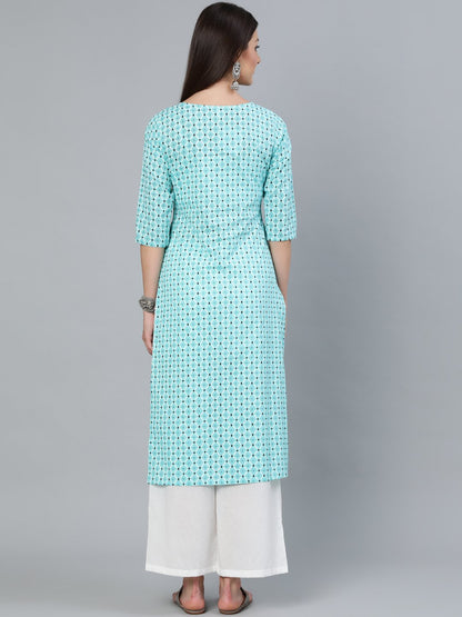 Women Aqua Blue Geometric Printed Straight Kurta With Three Quarters Sleeves | LASVINI - Redefining Indian Fashion with Elegance