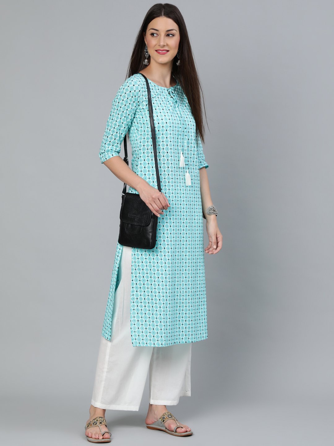 Women Aqua Blue Geometric Printed Straight Kurta With Three Quarters Sleeves | LASVINI - Redefining Indian Fashion with Elegance