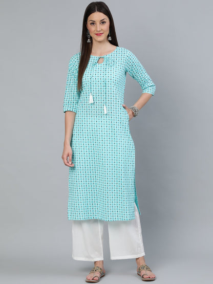 Women Aqua Blue Geometric Printed Straight Kurta With Off White Plazo | LASVINI - Redefining Indian Fashion with Elegance
