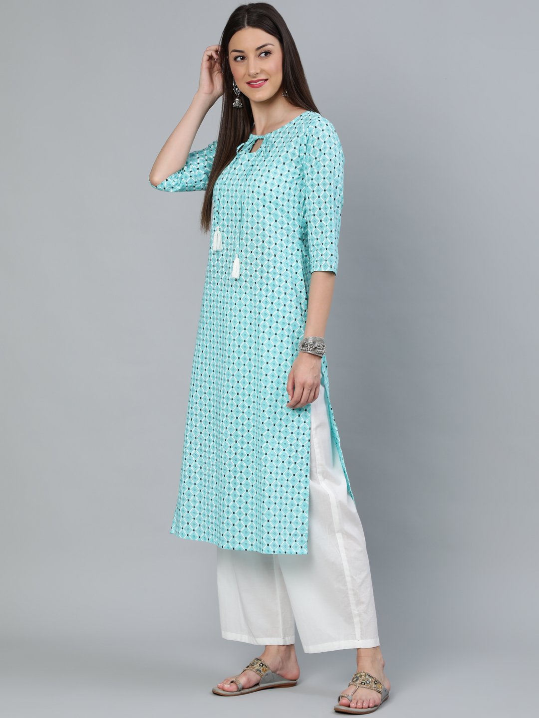 Women Aqua Blue Geometric Printed Straight Kurta With Off White Plazo | LASVINI - Redefining Indian Fashion with Elegance