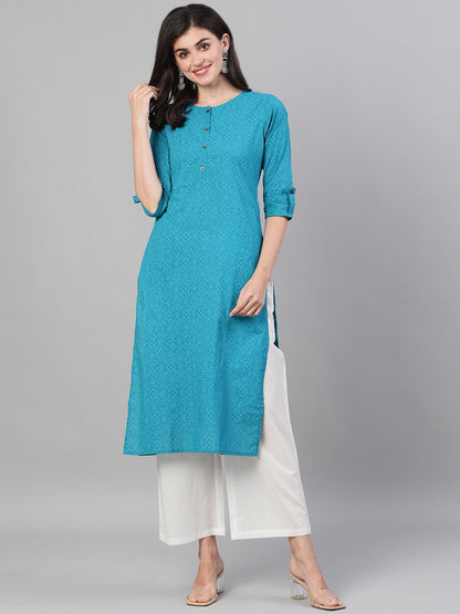 Women Firozi Calf Length Three-Quarter Sleeves Straight Bandhani Printed Cotton Kurta With Pocket | LASVINI - Redefining Indian Fashion with Elegance