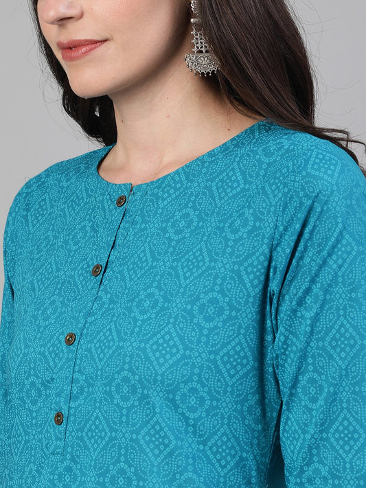 Women Firozi Calf Length Three-Quarter Sleeves Straight Bandhani Printed Cotton Kurta With Pocket | LASVINI - Redefining Indian Fashion with Elegance