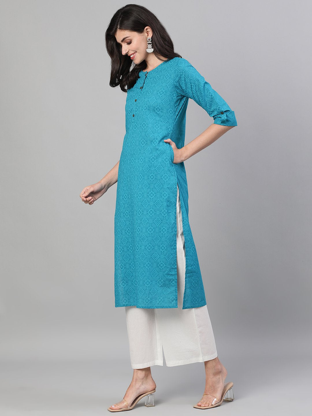 Women Firozi Calf Length Three-Quarter Sleeves Straight Bandhani Printed Cotton Kurta With Pocket | LASVINI - Redefining Indian Fashion with Elegance