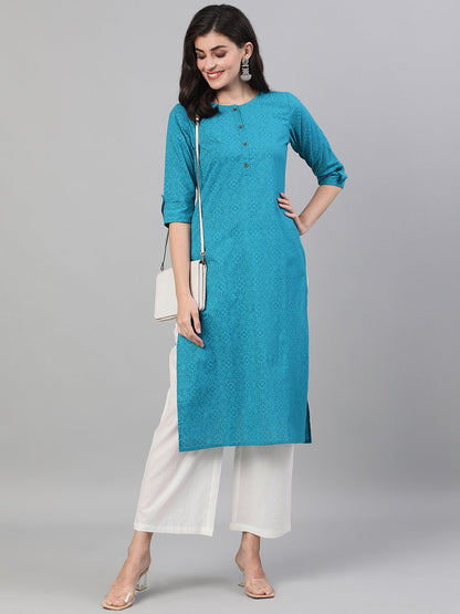 Women Firozi Calf Length Three-Quarter Sleeves Straight Bandhani Printed Cotton Kurta With Pocket | LASVINI - Redefining Indian Fashion with Elegance