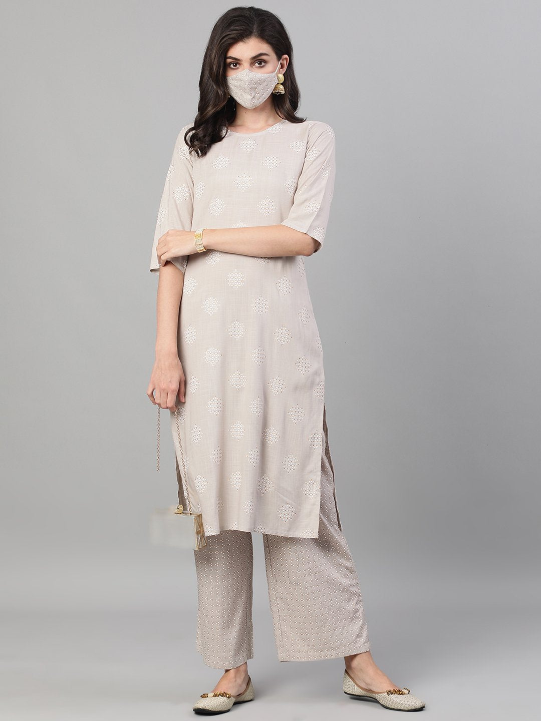 Women Taupe Three-Quarter Sleeves Straight Kurta With Palazzo With Pockets And Face Mask | LASVINI - Redefining Indian Fashion with Elegance