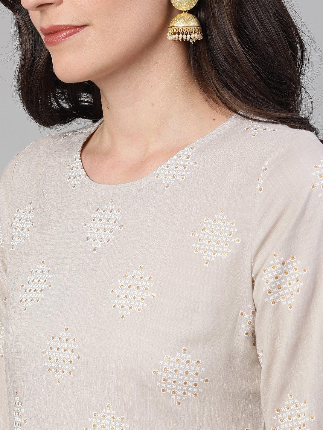 Women Taupe Three-Quarter Sleeves Straight Kurta With Palazzo With Pockets And Face Mask | LASVINI - Redefining Indian Fashion with Elegance