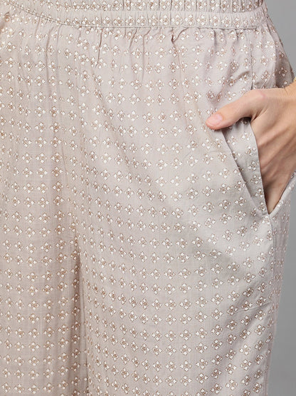 Women Taupe Three-Quarter Sleeves Straight Kurta With Palazzo With Pockets And Face Mask | LASVINI - Redefining Indian Fashion with Elegance