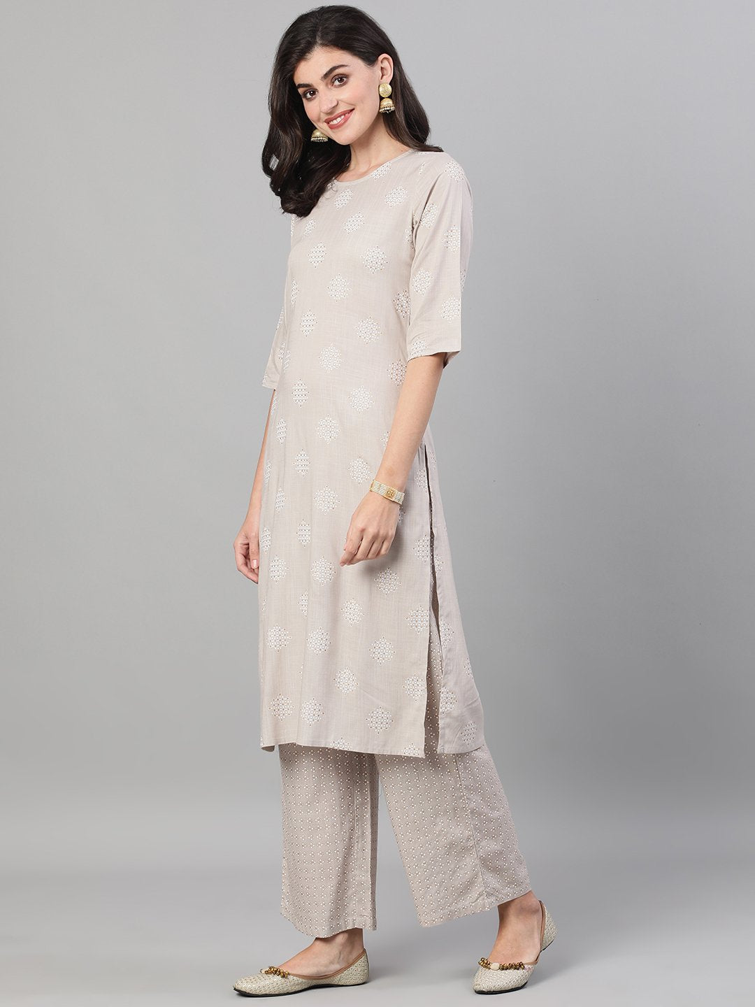 Women Taupe Three-Quarter Sleeves Straight Kurta With Palazzo With Pockets And Face Mask | LASVINI - Redefining Indian Fashion with Elegance