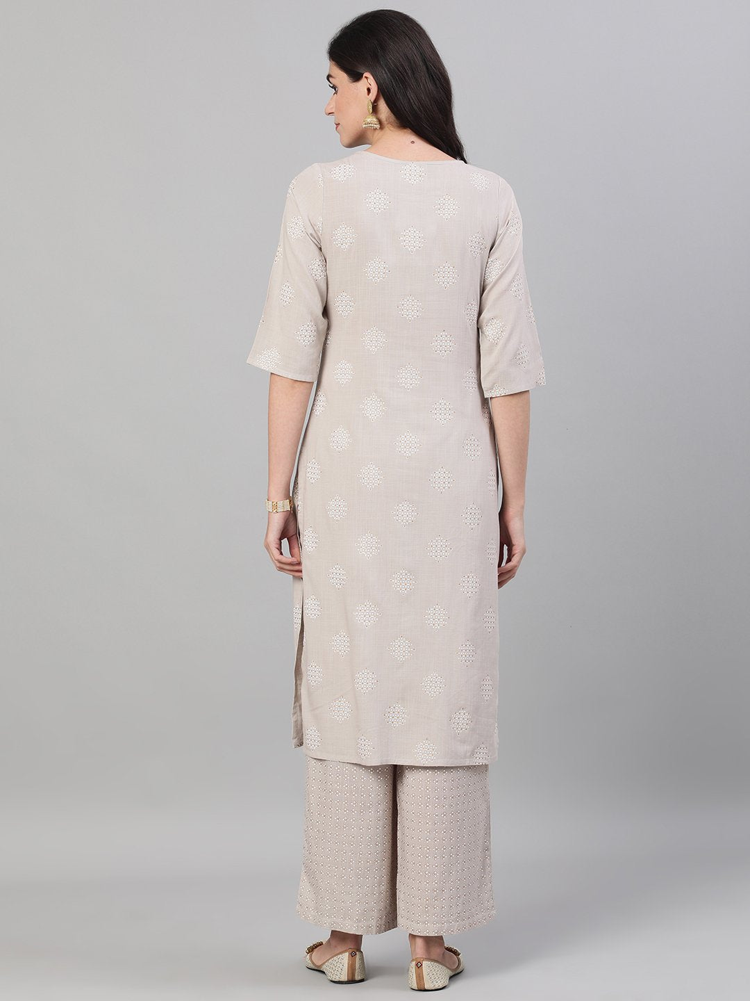 Women Taupe Three-Quarter Sleeves Straight Kurta With Palazzo With Pockets And Face Mask | LASVINI - Redefining Indian Fashion with Elegance