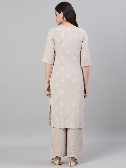 Women Taupe Three-Quarter Sleeves Straight Kurta With Palazzo With Pockets And Face Mask | LASVINI - Redefining Indian Fashion with Elegance