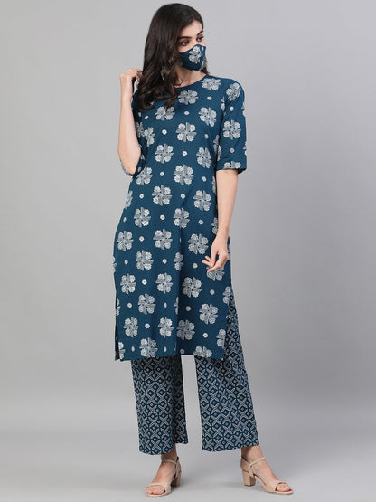 Women Blue Three-Quarter Sleeves Straight Kurta With Palazzo With Pockets And Face Mask | LASVINI - Redefining Indian Fashion with Elegance