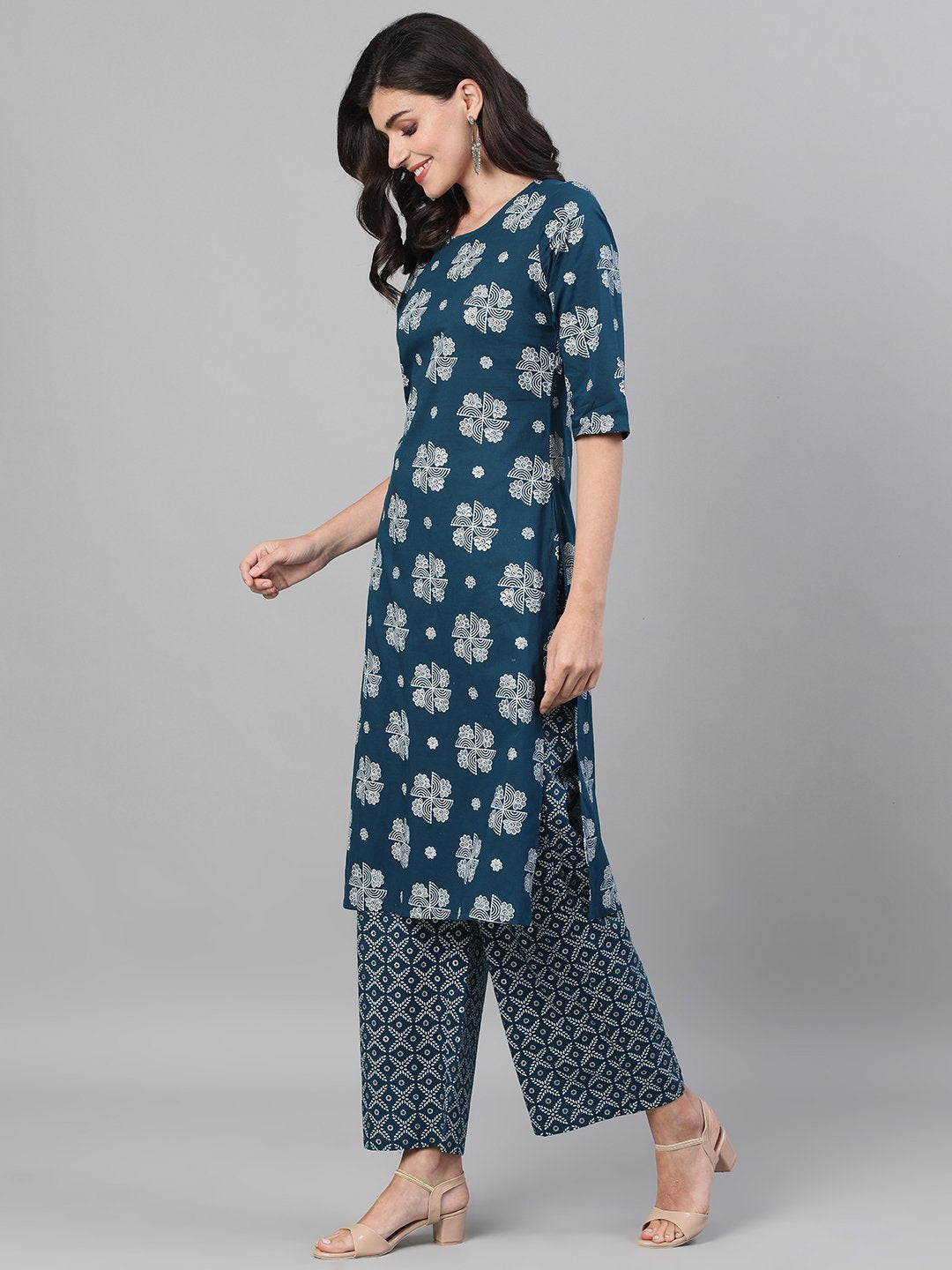 Women Blue Three-Quarter Sleeves Straight Kurta With Palazzo With Pockets And Face Mask | LASVINI - Redefining Indian Fashion with Elegance