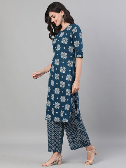 Women Blue Three-Quarter Sleeves Straight Kurta With Palazzo With Pockets And Face Mask | LASVINI - Redefining Indian Fashion with Elegance
