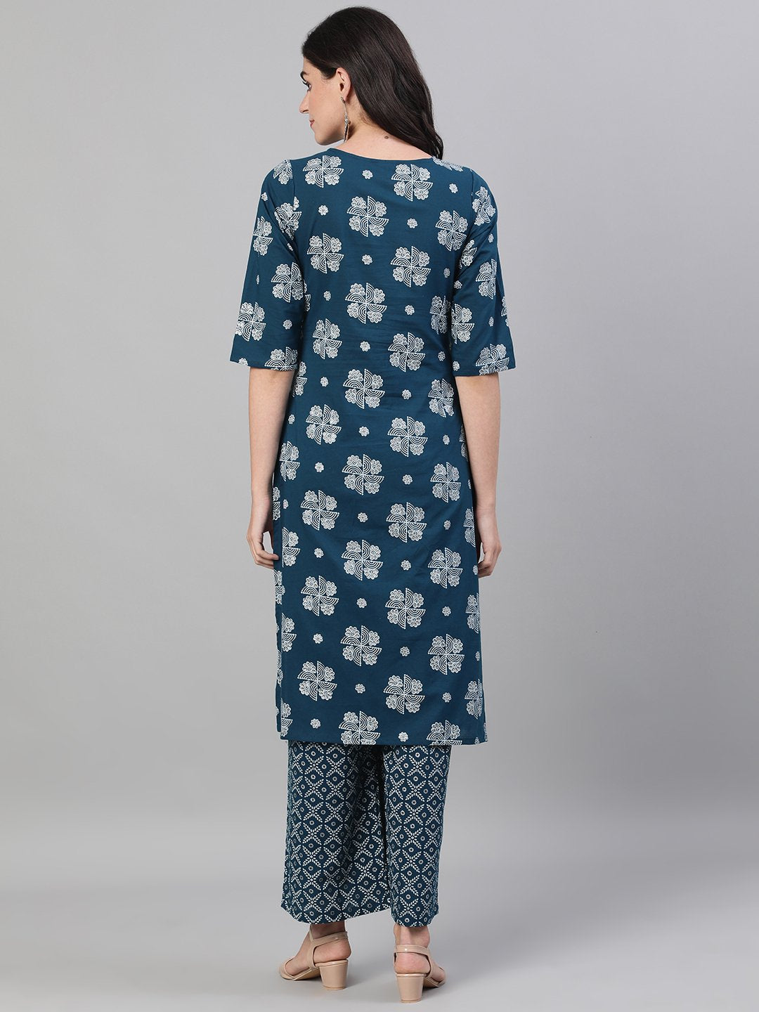 Women Blue Three-Quarter Sleeves Straight Kurta With Palazzo With Pockets And Face Mask | LASVINI - Redefining Indian Fashion with Elegance