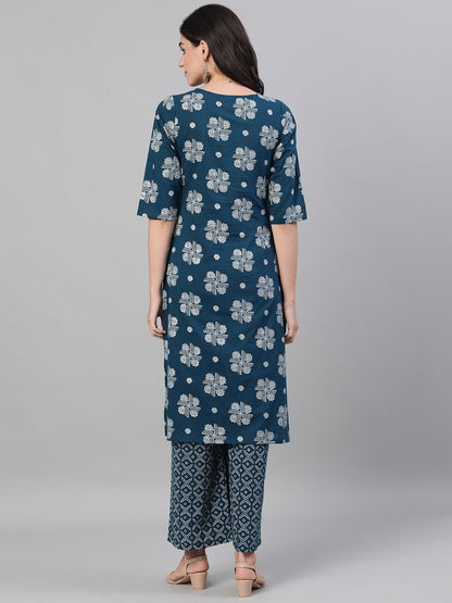 Women Blue Three-Quarter Sleeves Straight Kurta With Palazzo With Pockets And Face Mask | LASVINI - Redefining Indian Fashion with Elegance