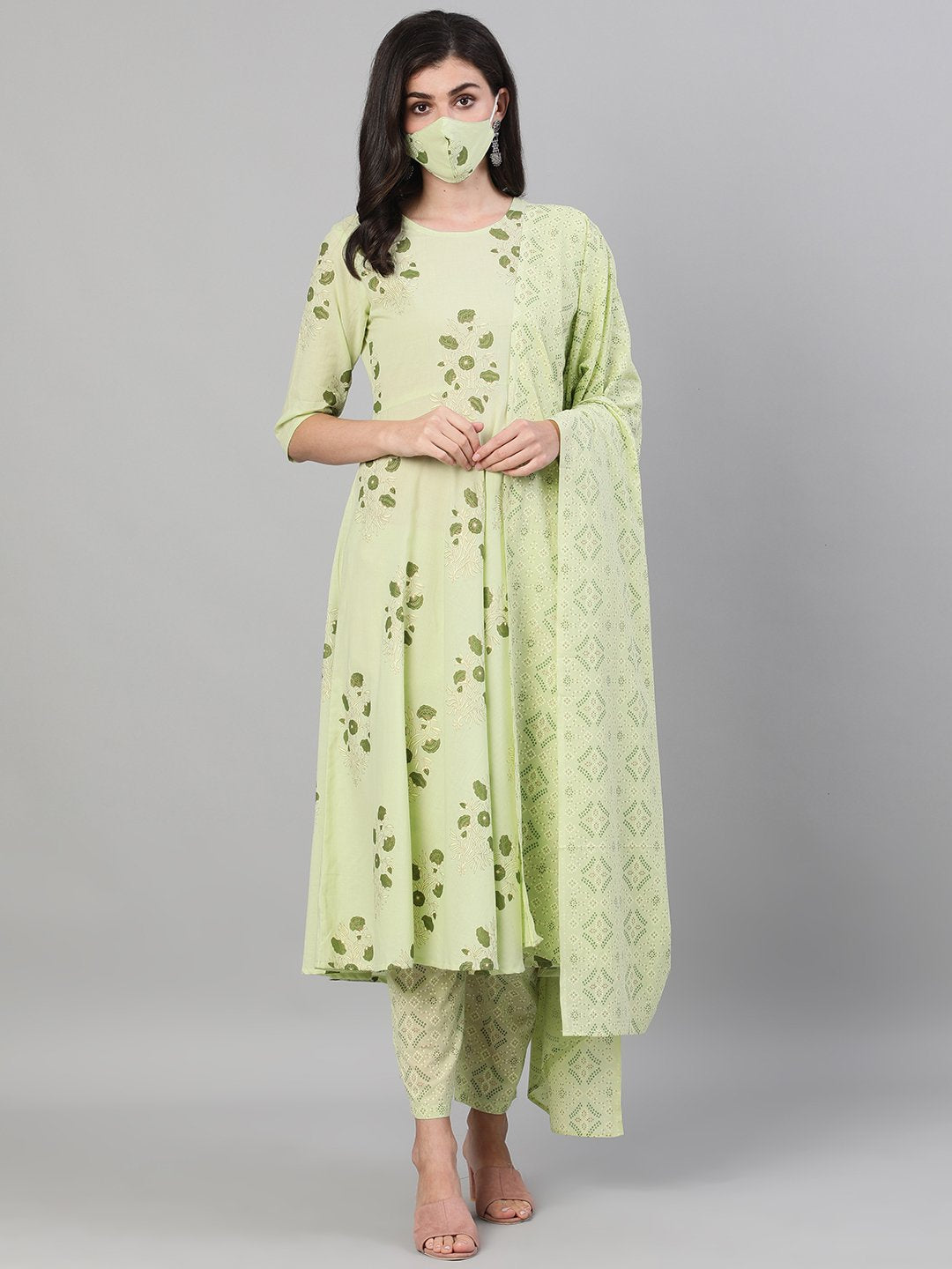Women Green Three-Quarter Sleeves Straight Kurta With Palazzo And Dupatta With Pockets And Face Mask | LASVINI - Redefining Indian Fashion with Elegance
