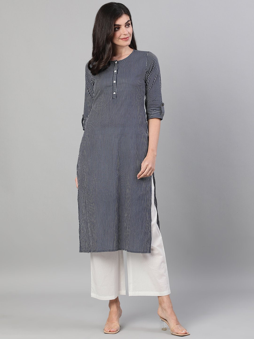 Women Navy Blue Calf Length Three-Quarter Sleeves Straight Striped Printed Cotton Kurta With Pockets | LASVINI - Redefining Indian Fashion with Elegance