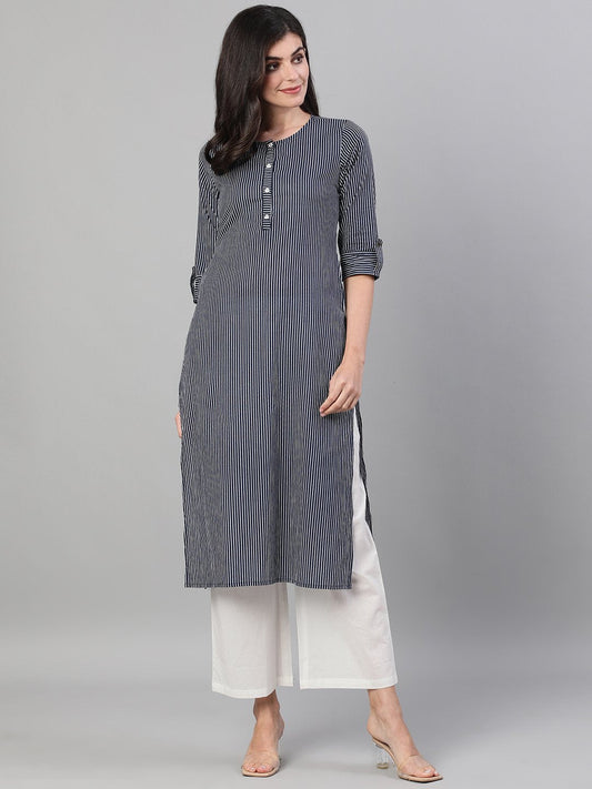 Women Navy Blue Calf Length Three-Quarter Sleeves Straight Striped Printed Cotton Kurta With Pockets | LASVINI - Redefining Indian Fashion with Elegance