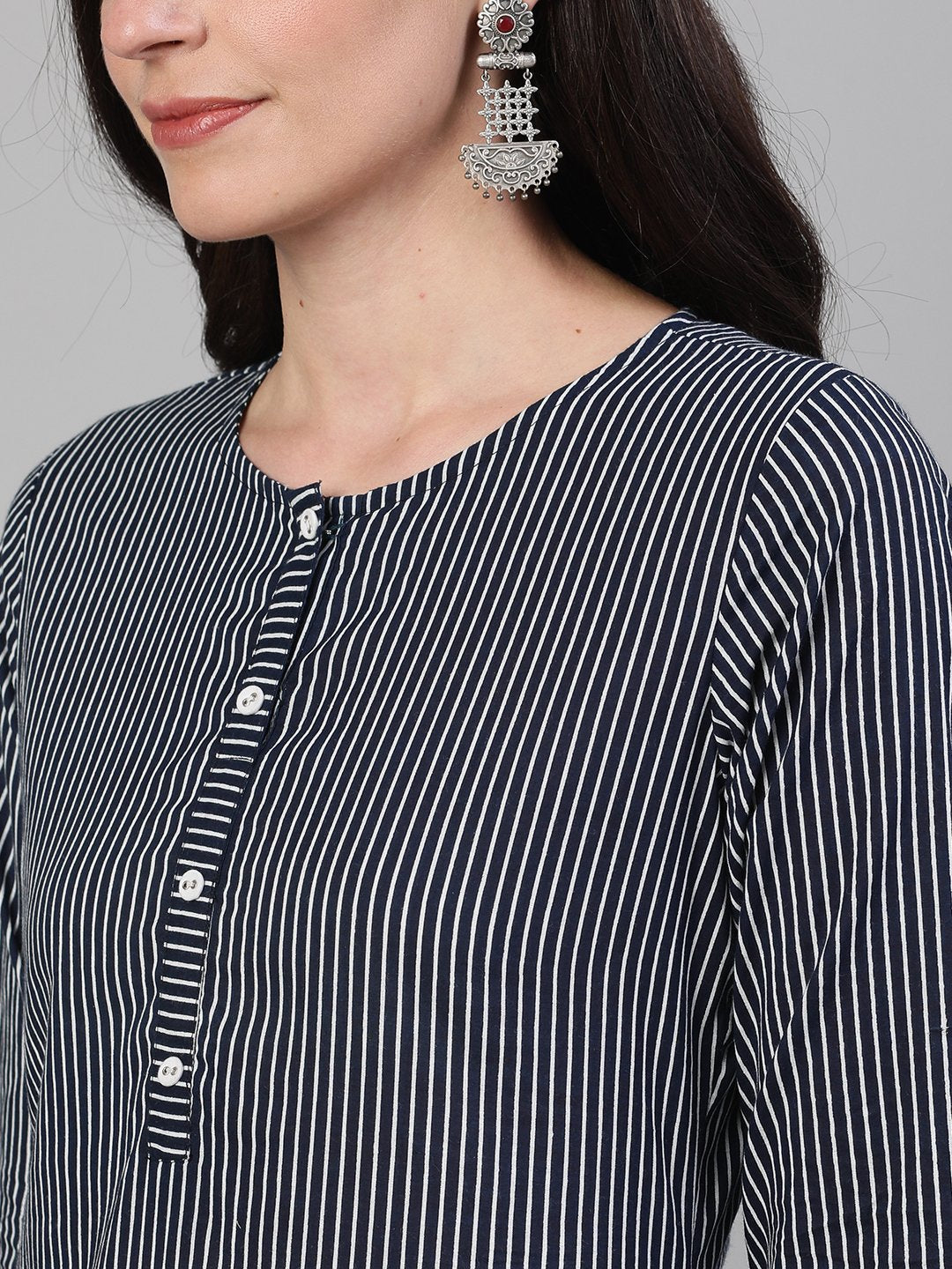 Women Navy Blue Calf Length Three-Quarter Sleeves Straight Striped Printed Cotton Kurta With Pockets | LASVINI - Redefining Indian Fashion with Elegance