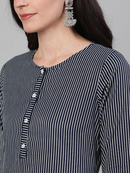 Women Navy Blue Calf Length Three-Quarter Sleeves Straight Striped Printed Cotton Kurta With Pockets | LASVINI - Redefining Indian Fashion with Elegance