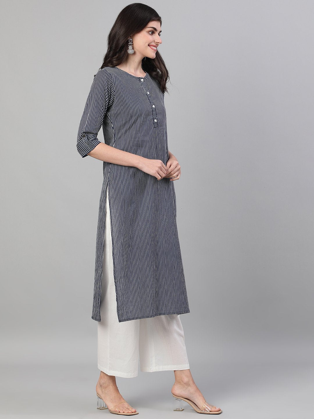 Women Navy Blue Calf Length Three-Quarter Sleeves Straight Striped Printed Cotton Kurta With Pockets | LASVINI - Redefining Indian Fashion with Elegance