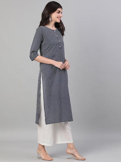 Women Navy Blue Calf Length Three-Quarter Sleeves Straight Striped Printed Cotton Kurta With Pockets | LASVINI - Redefining Indian Fashion with Elegance