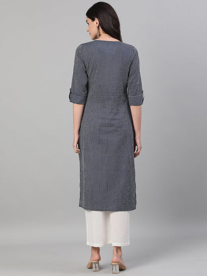 Women Navy Blue Calf Length Three-Quarter Sleeves Straight Striped Printed Cotton Kurta With Pockets | LASVINI - Redefining Indian Fashion with Elegance