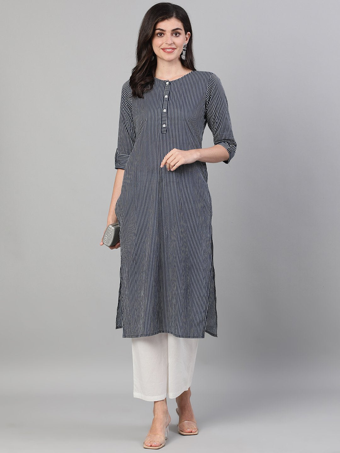 Women Navy Blue Calf Length Three-Quarter Sleeves Straight Striped Printed Cotton Kurta With Pockets | LASVINI - Redefining Indian Fashion with Elegance